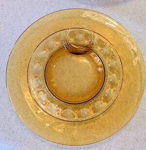 Set of 6 Vintage Indiana Glass Kings Crown Amber Glass Snack Plates Cup Ring